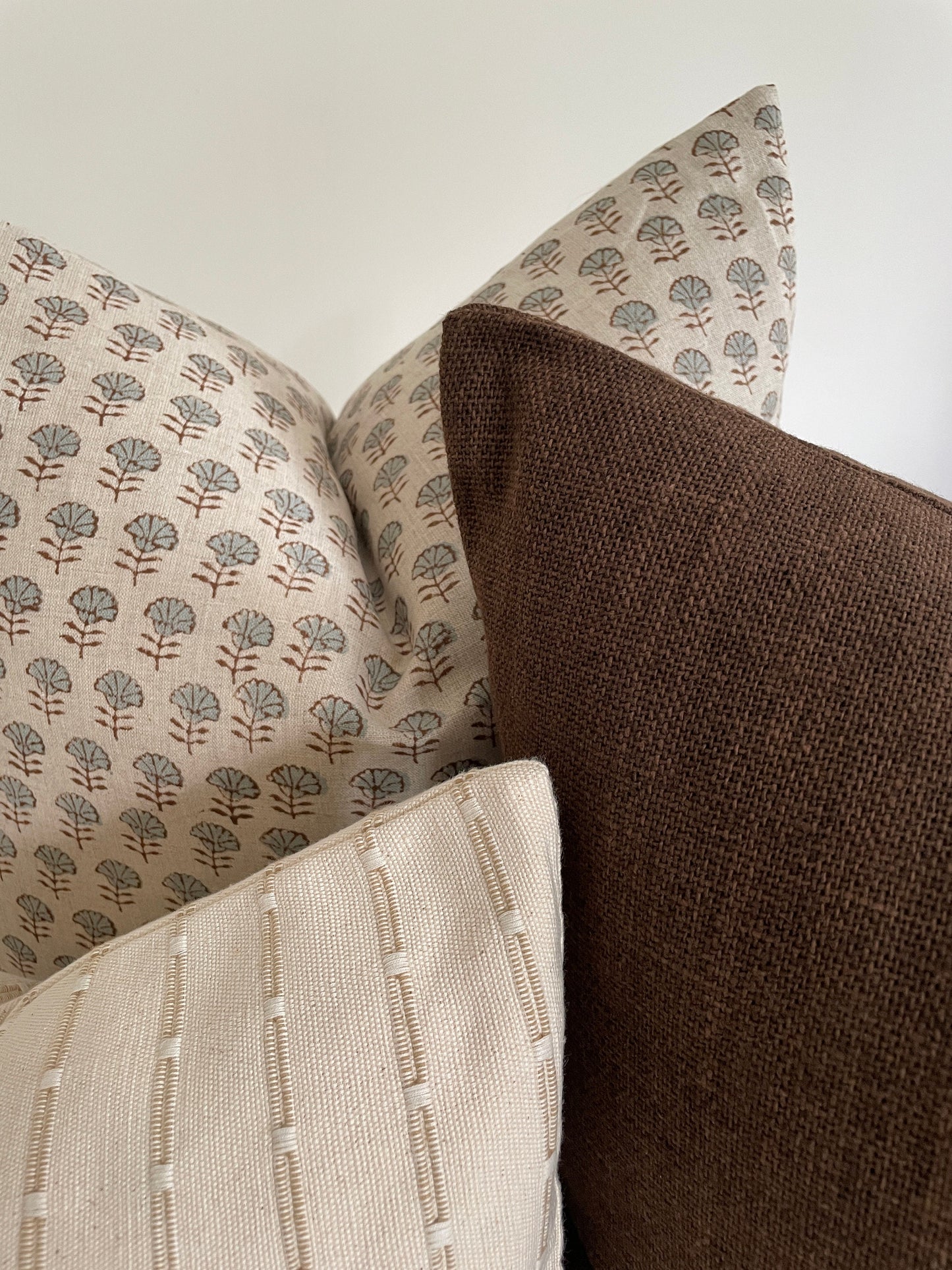 Neutral Brown and Cream Double Sided Pillow Combination || Set of 3 Covers,  Floral Block Print, Brown woven Pillow,Cream Lumbar Pillow