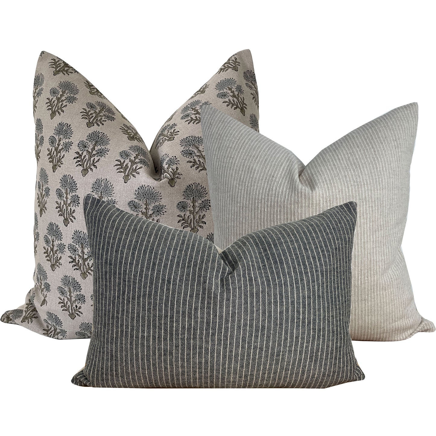 Neutral Pillow Combination || Set of 3 Covers,  Floral Block Print, Gray Pin Stripe and Cream Textured Stripe.