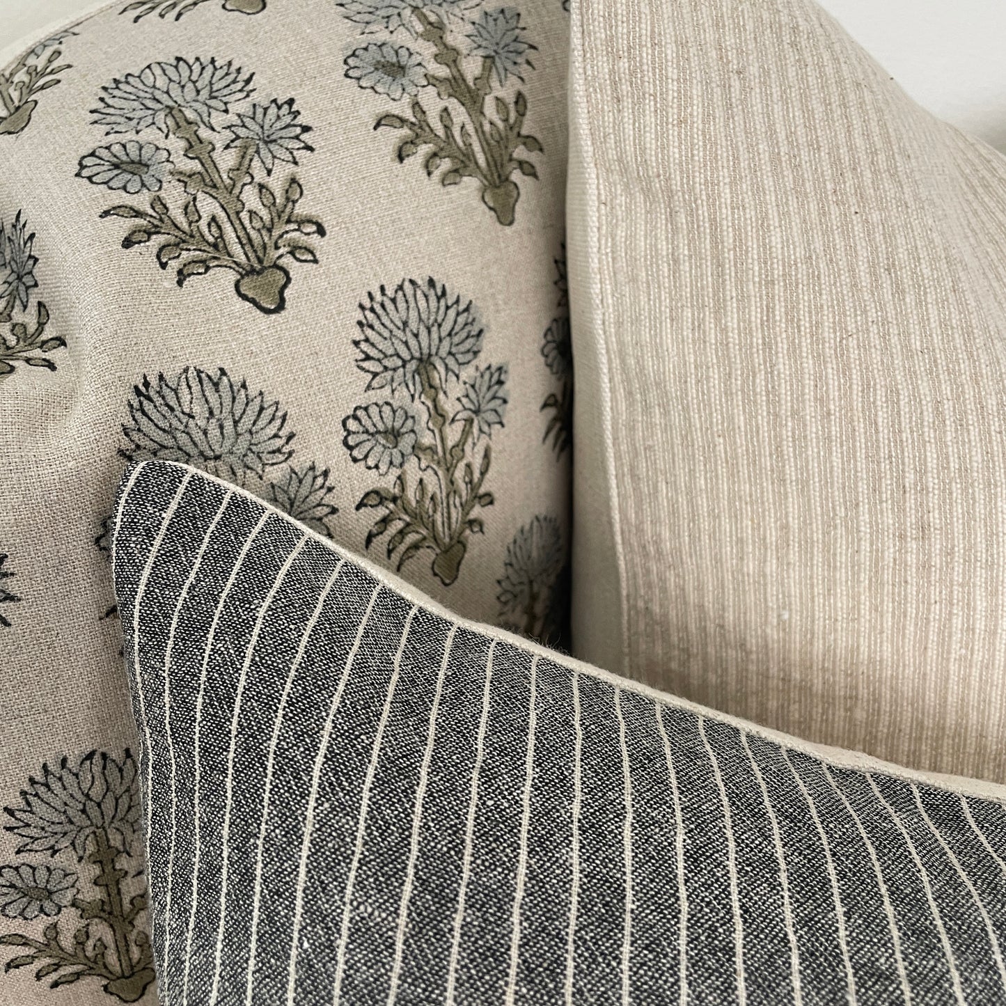 Neutral Pillow Combination || Set of 3 Covers,  Floral Block Print, Gray Pin Stripe and Cream Textured Stripe.