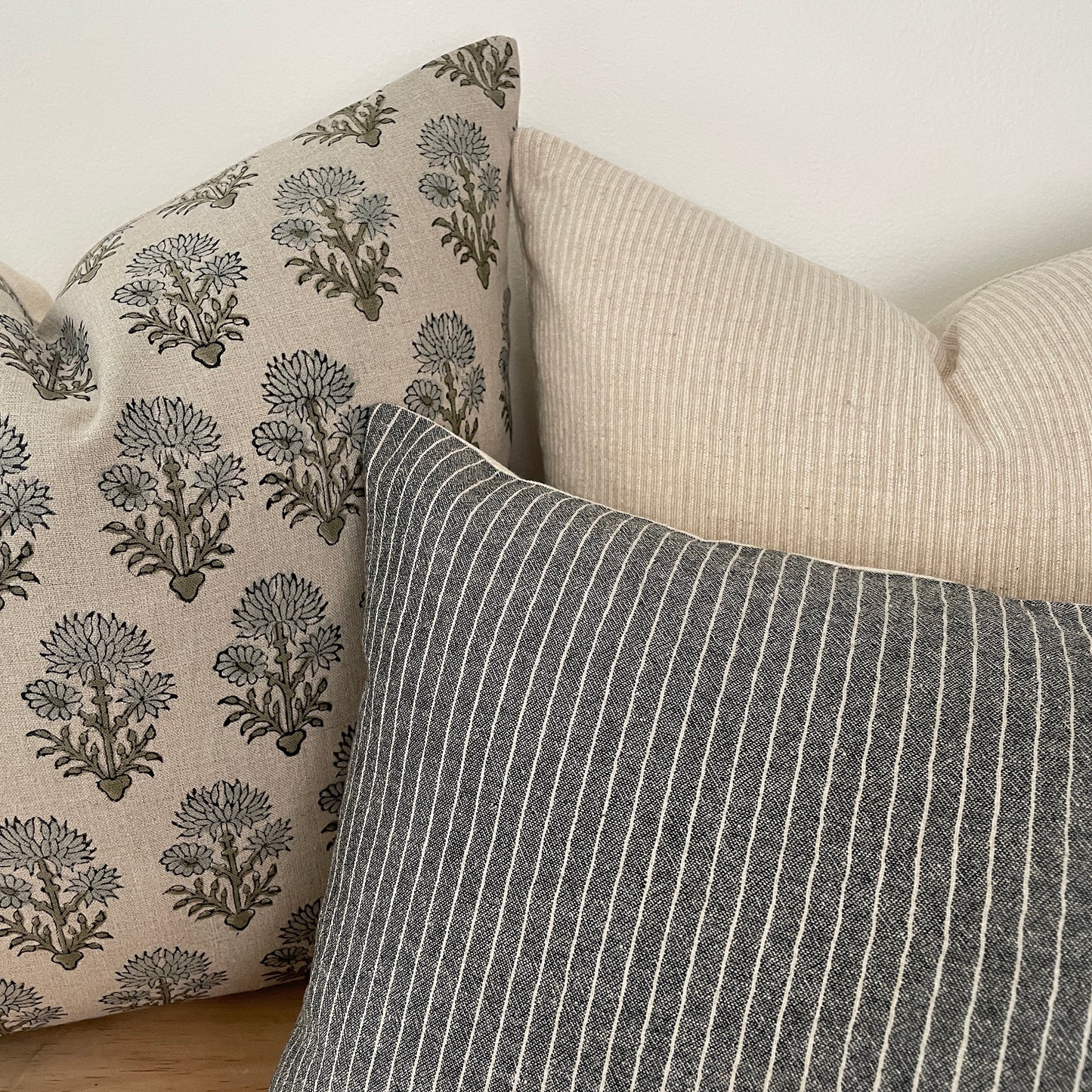 Neutral Pillow Combination || Set of 3 Covers,  Floral Block Print, Gray Pin Stripe and Cream Textured Stripe.