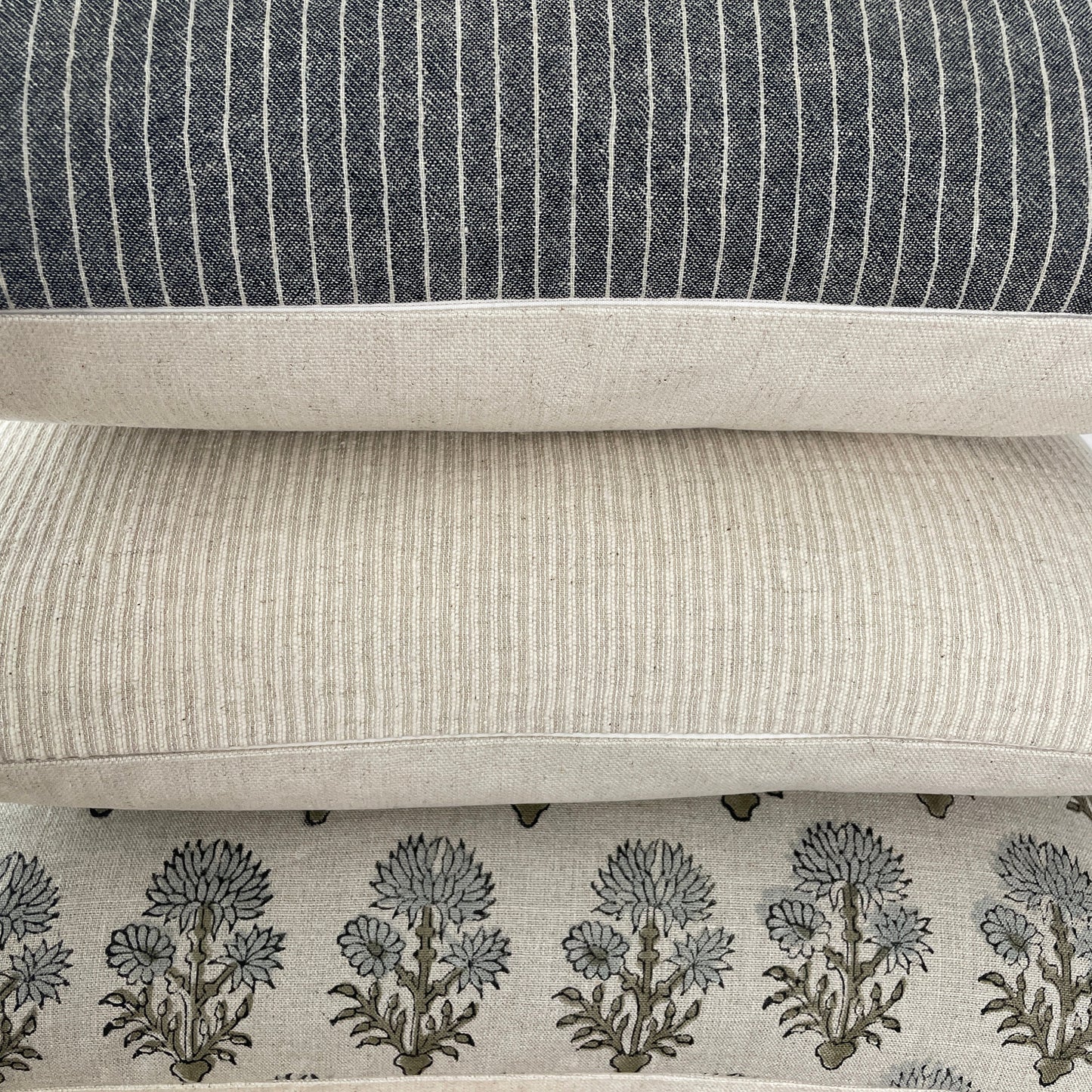 Neutral Pillow Combination || Set of 3 Covers,  Floral Block Print, Gray Pin Stripe and Cream Textured Stripe.