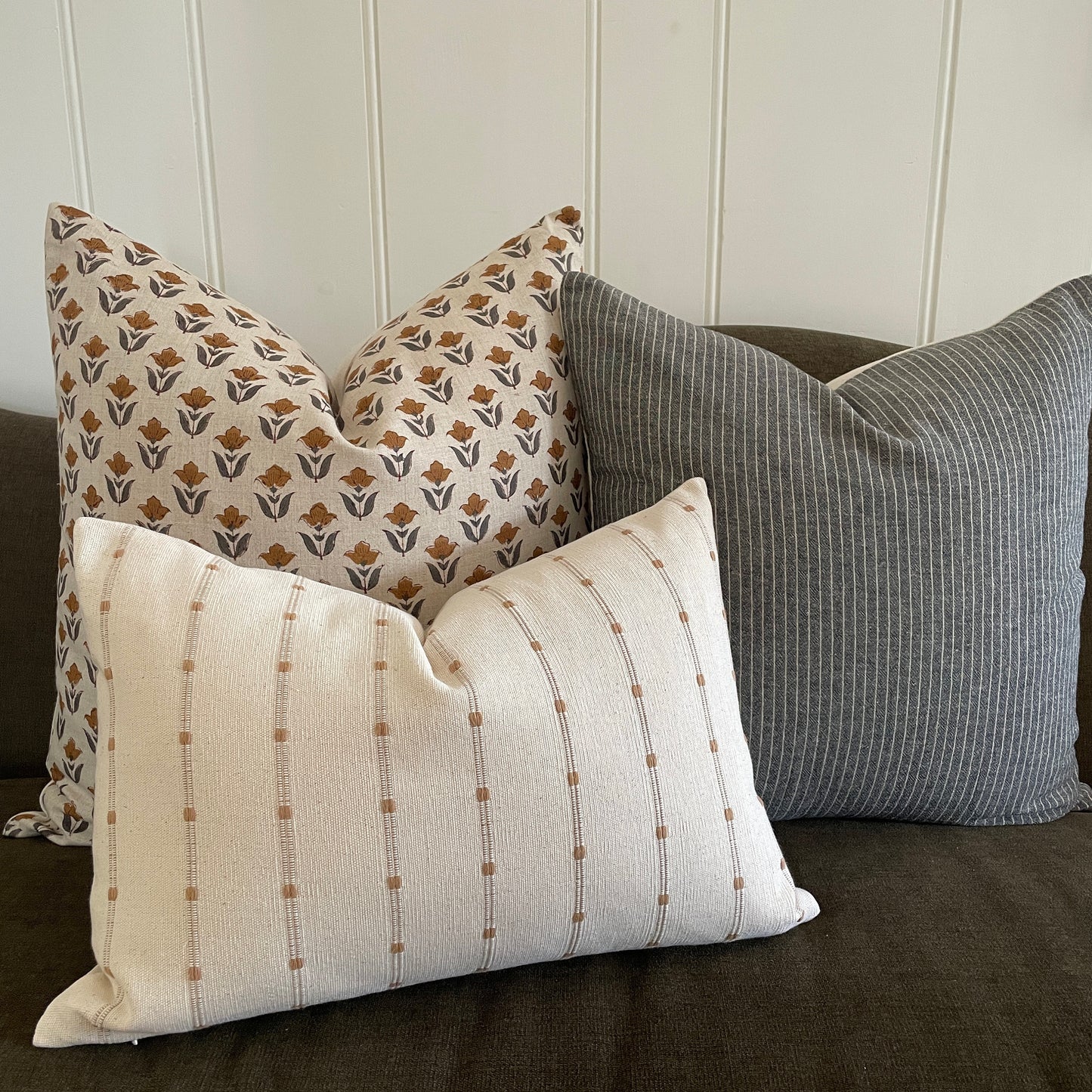 Neutral Gray Stripe and Block Print Pillow Combination || Set of 3 Covers