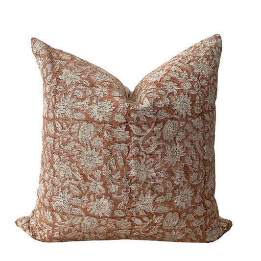 Terracotta Floral Block Print on Textured Linen Pillow Cover, Designer Pillow Covers