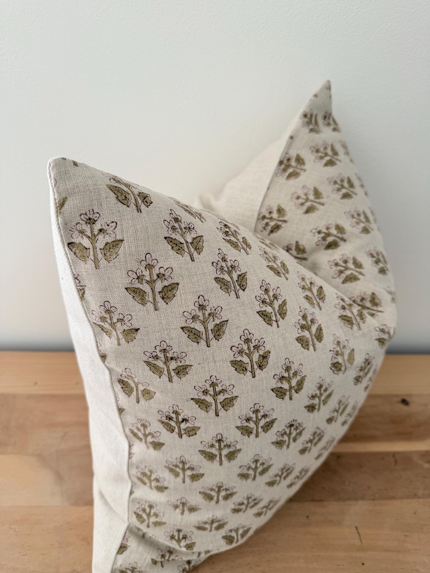 Red and Olive Green Floral Block Print on Linen Pillow Cover