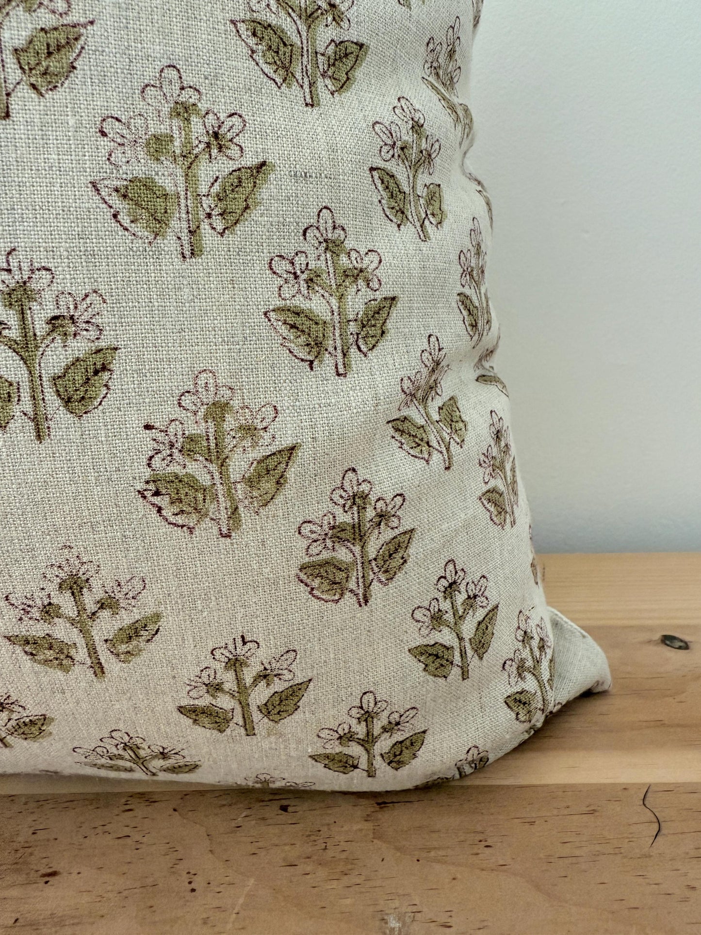 Red and Olive Green Floral Block Print on Linen Pillow Cover