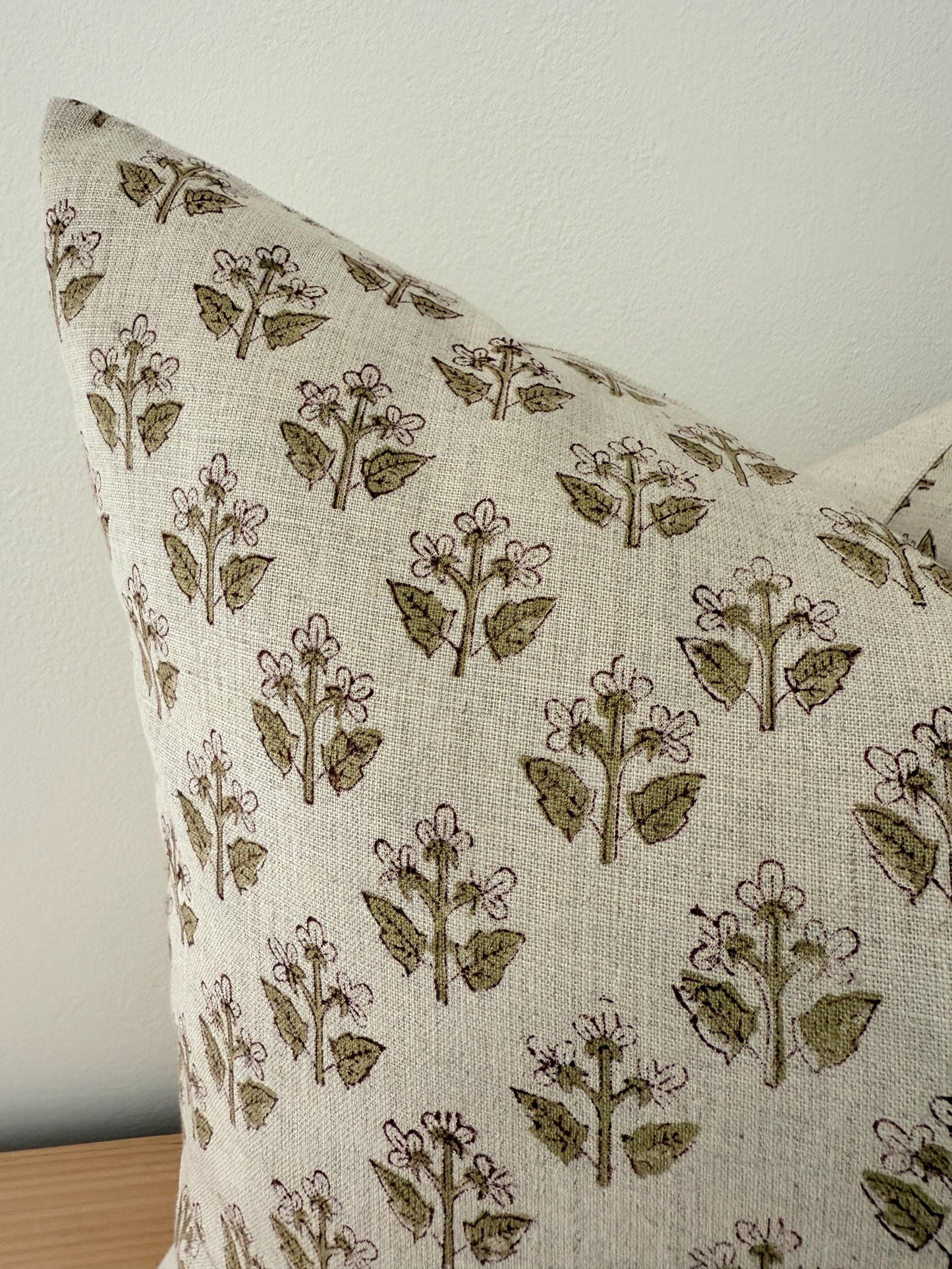 Red and Olive Green Floral Block Print on Linen Pillow Cover