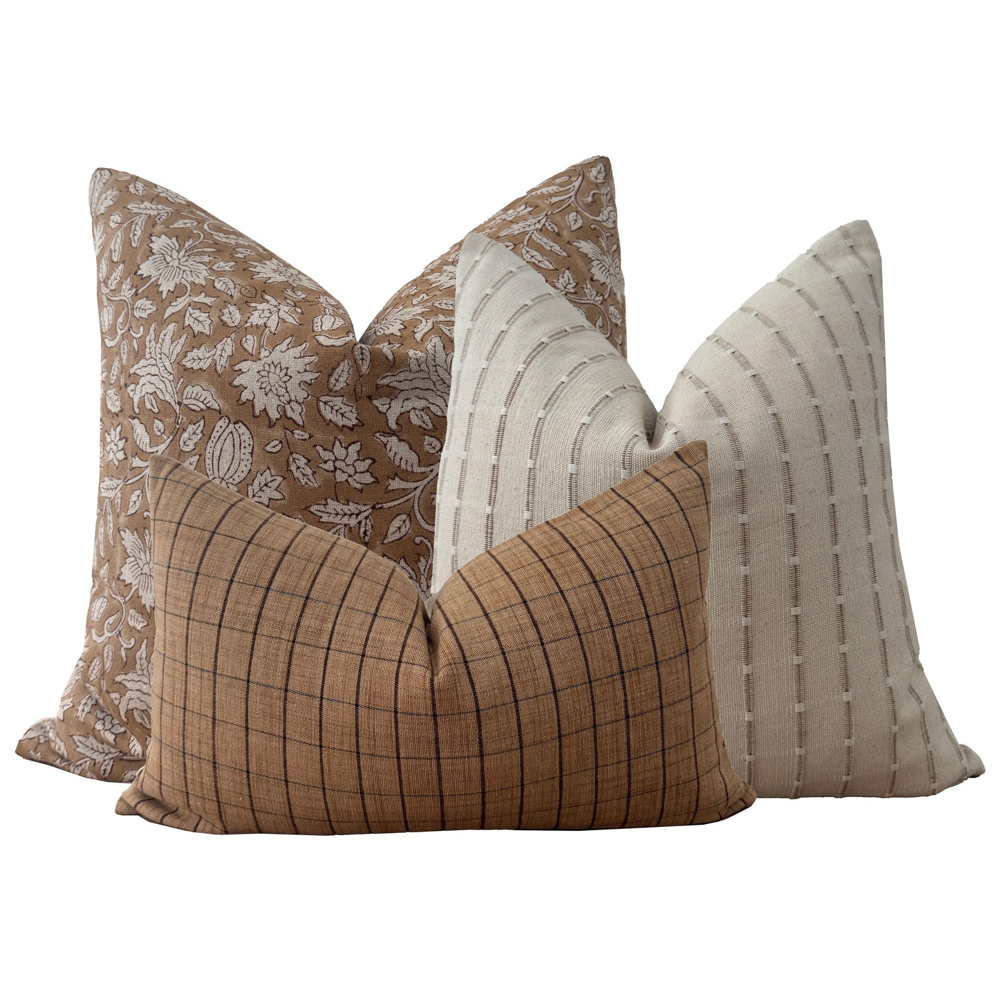 Neutral Pillow Set, Block Print Floral, Plaid and Stripe Pilllow Combo