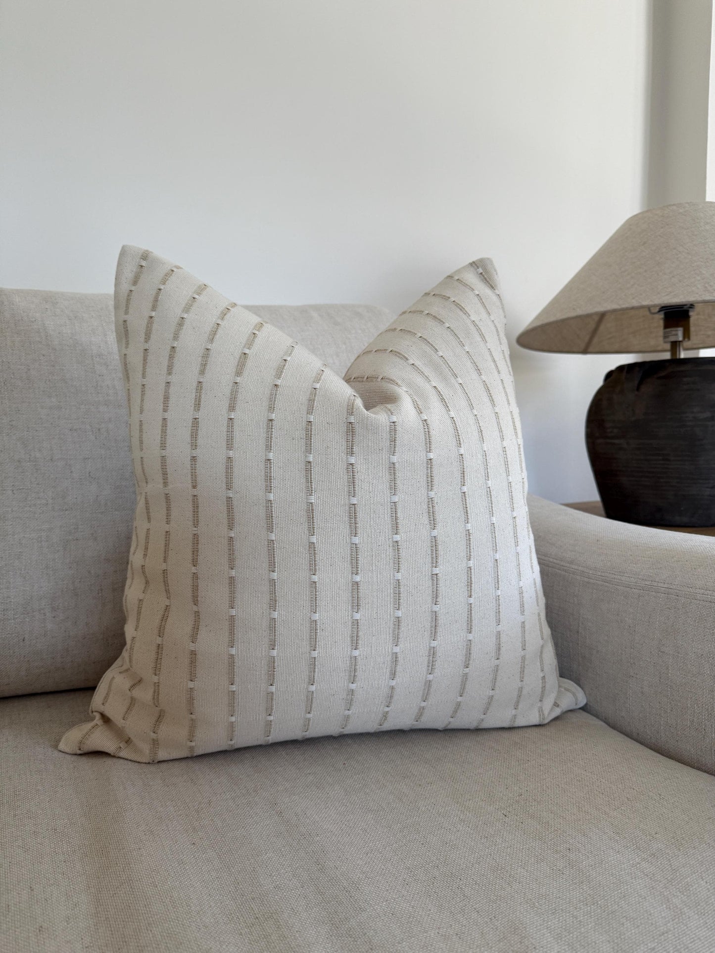 Cream and Light Ochre Stripe Pillow Cover, Hand-loomed Woven Pillow Cover