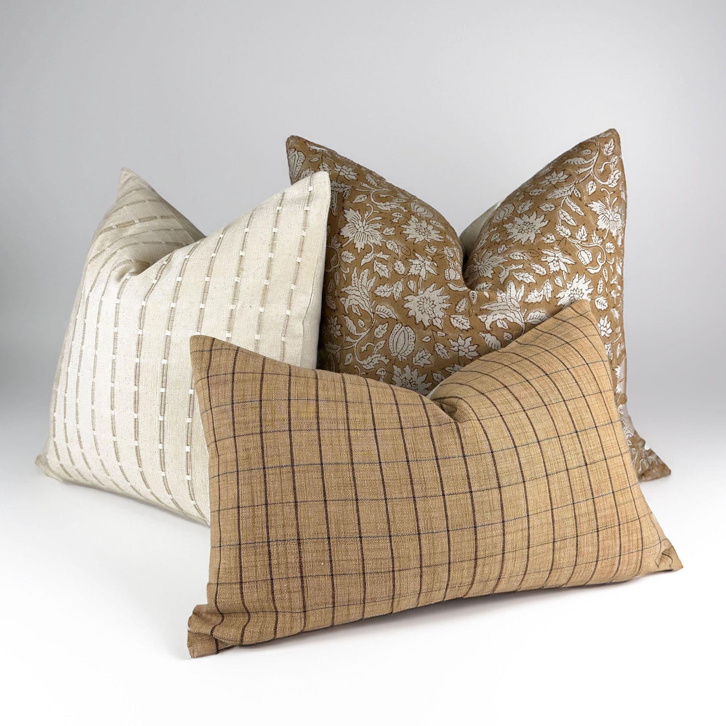 Neutral Pillow Set, Block Print Floral, Plaid and Stripe Pilllow Combo